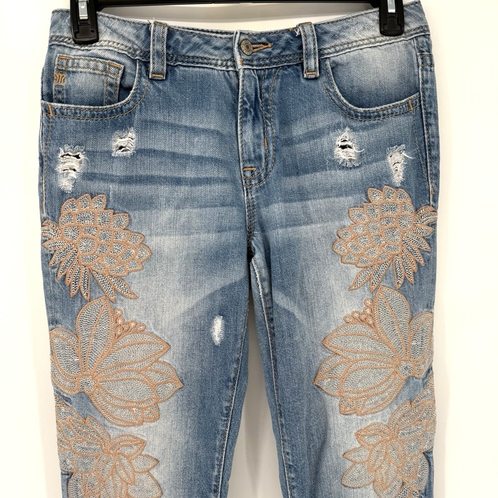 Miss Me Jeans Women 27 Blue Boyfriend Ankle JB7664A Floral Embroidered Denim